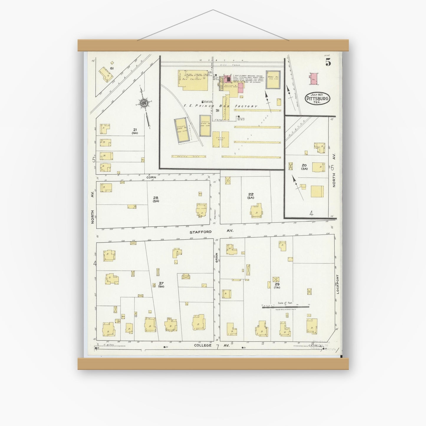 Old map wall art mockup — magnetic wood frame on white wall — Sanborn Fire Insurance Map from Pittsburg, Camp County, Texas (1921), Sheet #0005