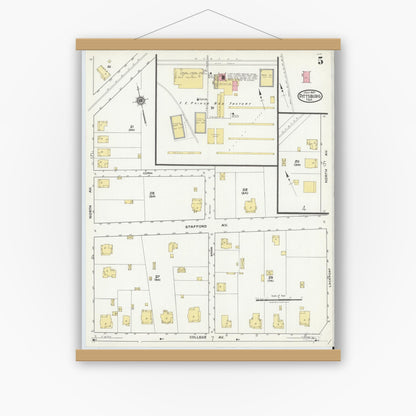Old map wall art mockup — magnetic wood frame on white wall — Sanborn Fire Insurance Map from Pittsburg, Camp County, Texas (1921), Sheet #0005