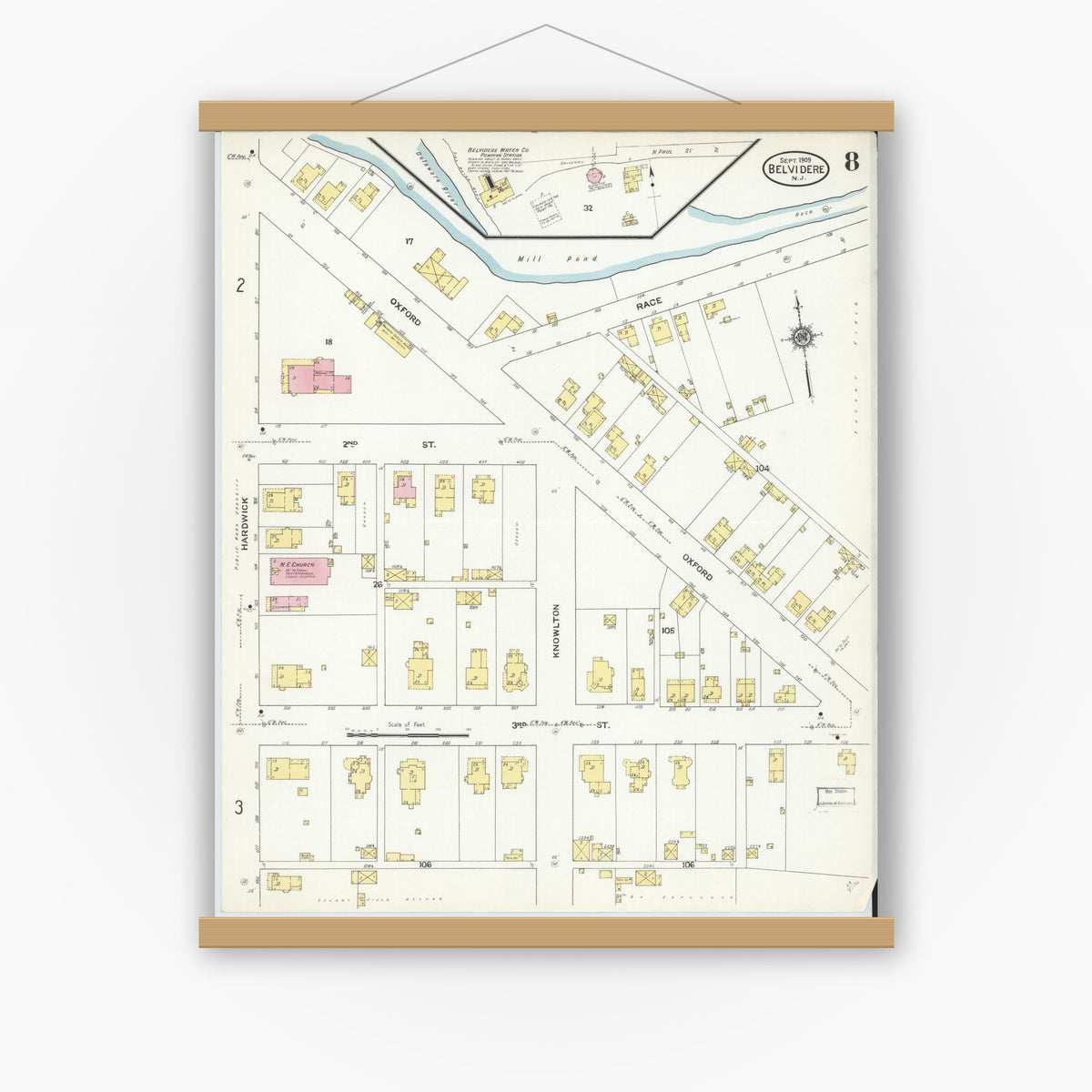 Old map wall art mockup — magnetic wood frame on white wall — Sanborn Fire Insurance Map from Belvidere, Warren County, New Jersey (1909), Sheet #0008