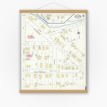 Old map wall art mockup — magnetic wood frame on white wall — Sanborn Fire Insurance Map from Belvidere, Warren County, New Jersey (1909), Sheet #0008