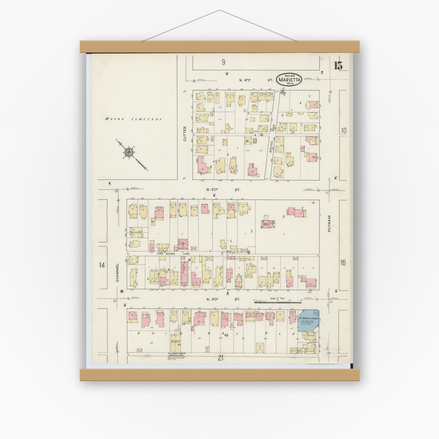 Old map wall art mockup — magnetic wood frame on white wall — Sanborn Fire Insurance Map from Marietta, Washington County, Ohio (1915), Sheet #0015