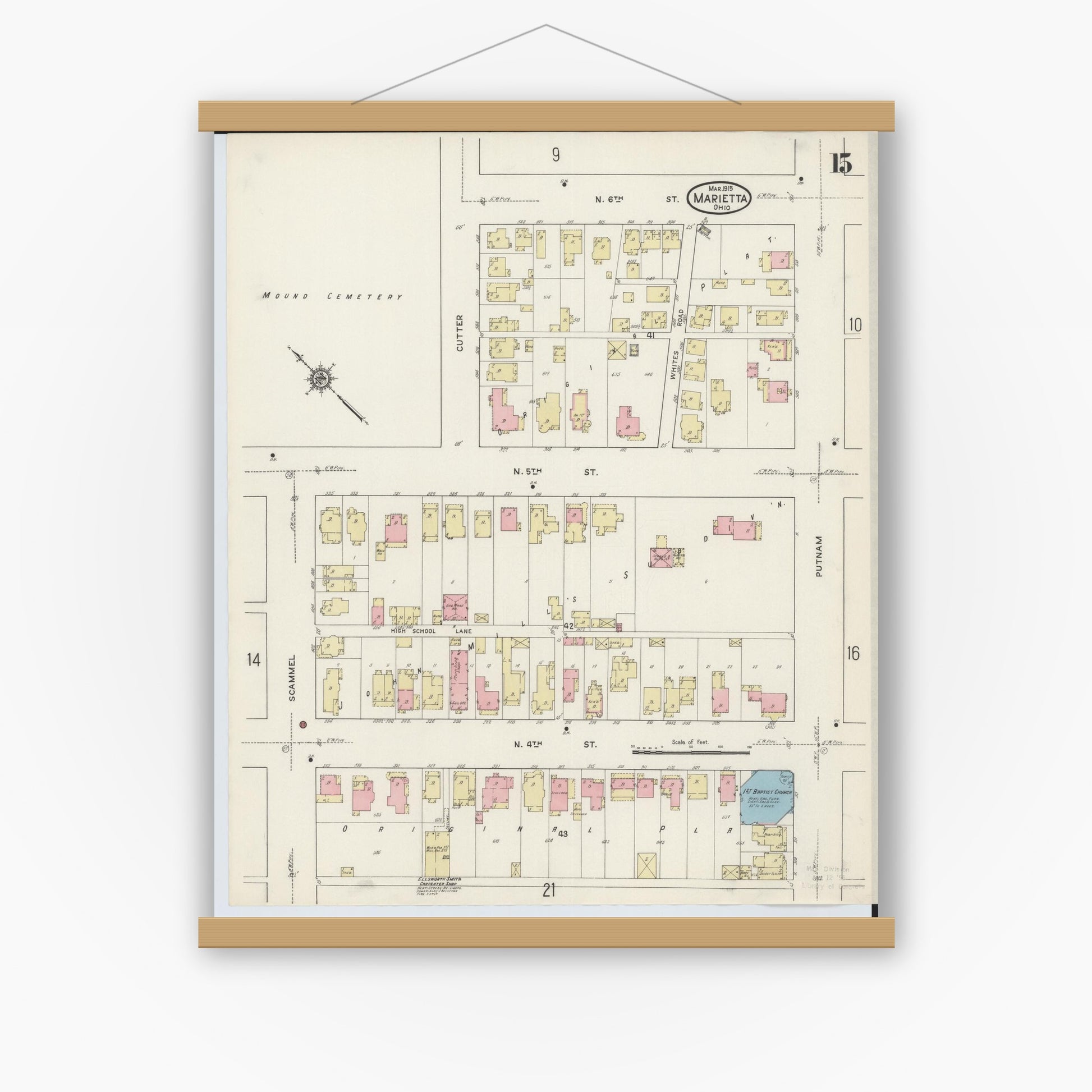 Old map wall art mockup — magnetic wood frame on white wall — Sanborn Fire Insurance Map from Marietta, Washington County, Ohio (1915), Sheet #0015