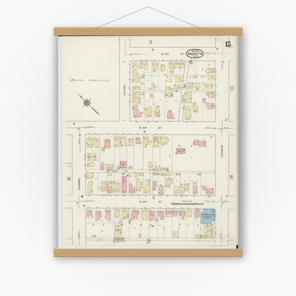 Old map wall art mockup — magnetic wood frame on white wall — Sanborn Fire Insurance Map from Marietta, Washington County, Ohio (1915), Sheet #0015