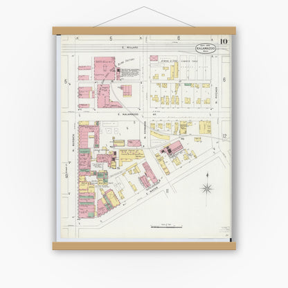 Old map wall art mockup — magnetic wood frame on white wall — Sanborn Fire Insurance Map from Kalamazoo, Kalamazoo County, Michigan (1896), Sheet #0010