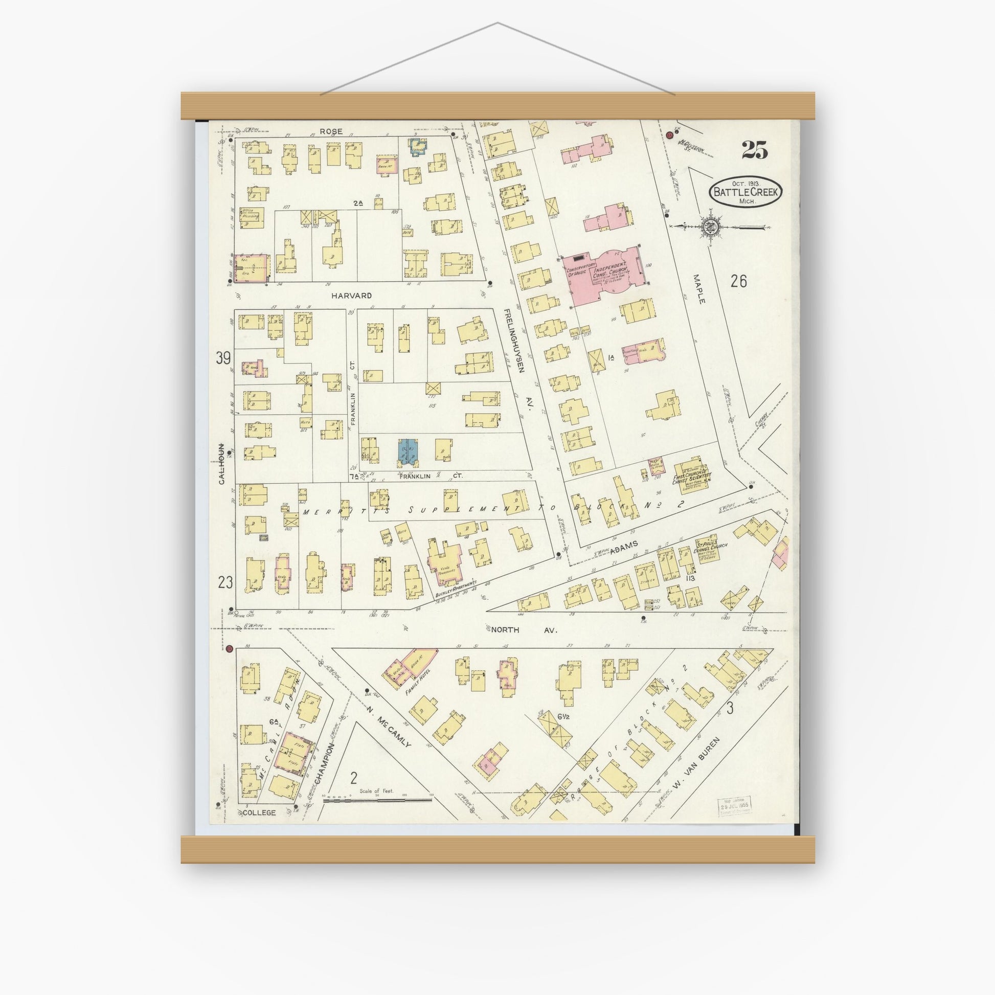 Old map wall art mockup — magnetic wood frame on white wall — Sanborn Fire Insurance Map from Battle Creek, Calhoun County, Michigan (1913), Sheet #0025