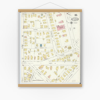 Old map wall art mockup — magnetic wood frame on white wall — Sanborn Fire Insurance Map from Battle Creek, Calhoun County, Michigan (1913), Sheet #0025