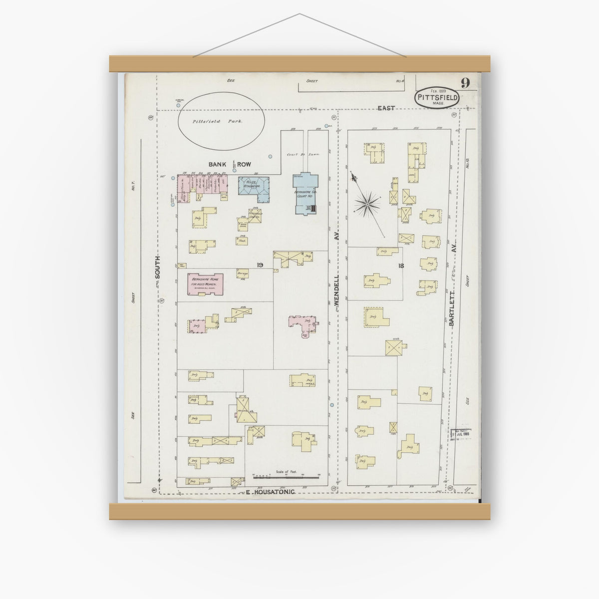 Old map wall art mockup — magnetic wood frame on white wall — Sanborn Fire Insurance Map from Pittsfield, Berkshire County, Massachusetts (1889), Sheet #0009