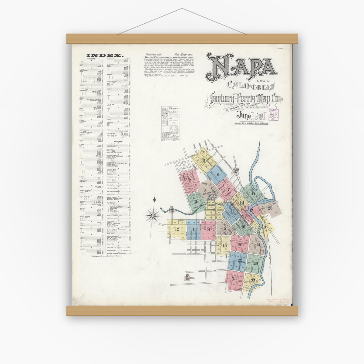 Old map wall art mockup — magnetic wood frame on white wall — Sanborn Fire Insurance Map from Napa, Napa County, California (1901) - Complete Map Set