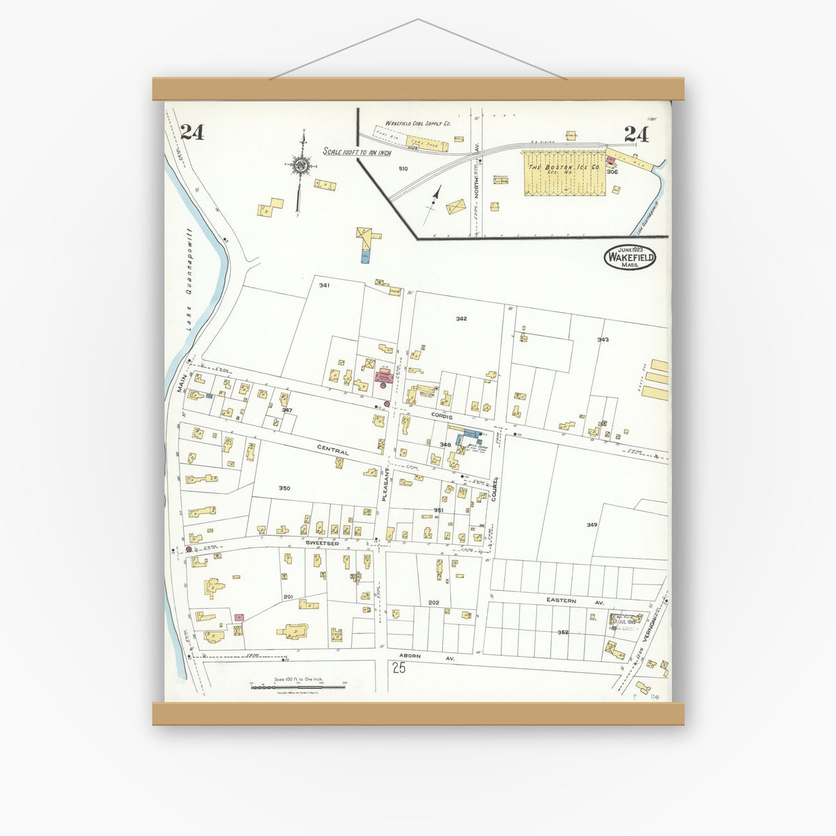Old map wall art mockup — magnetic wood frame on white wall — Sanborn Fire Insurance Map from Wakefield, Middlesex County, Massachusetts (1923), Sheet #0024