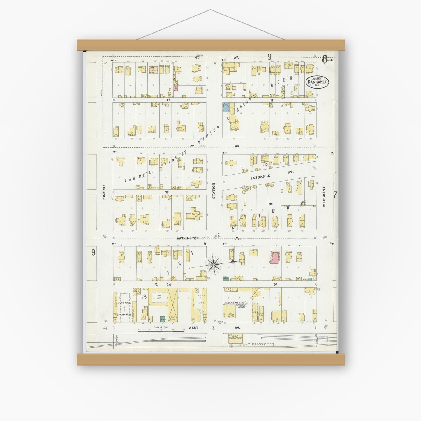 Old map wall art mockup — magnetic wood frame on white wall — Sanborn Fire Insurance Map from Kankakee, Kankakee County, Illinois (1901), Sheet #0008