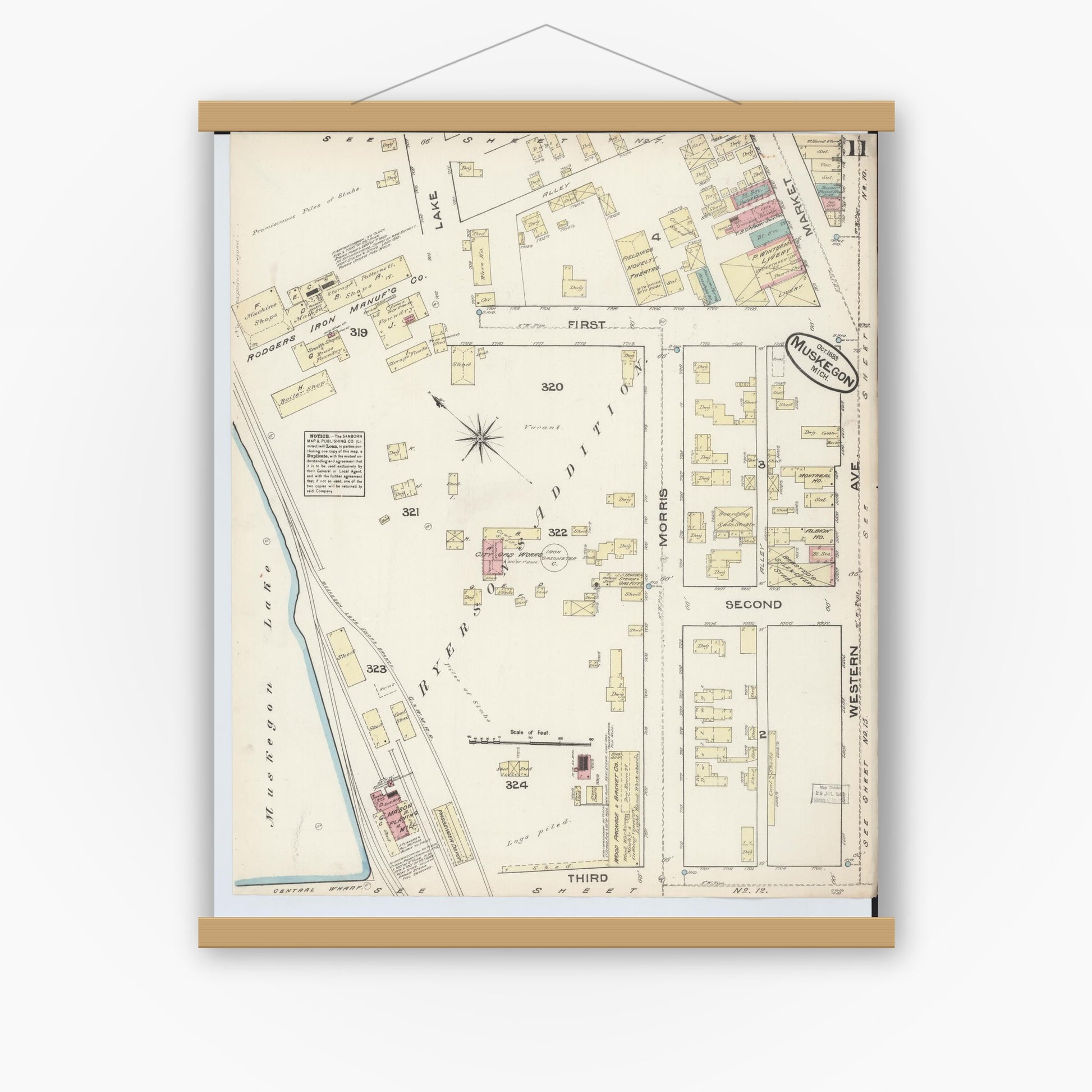 Old map wall art mockup — magnetic wood frame on white wall — Sanborn Fire Insurance Map from Muskegon, Muskegon County, Michigan (1883), Sheet #0011