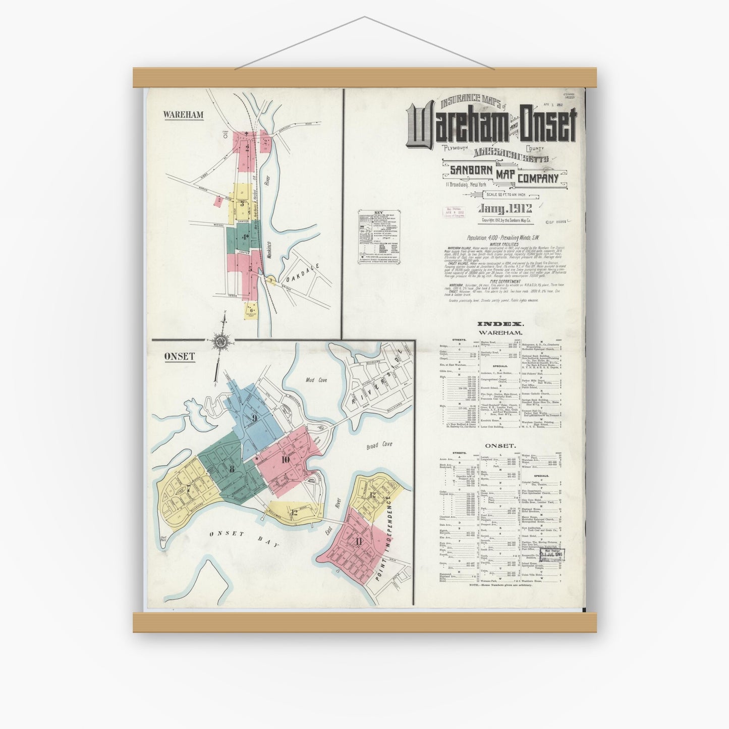 Old map wall art mockup — magnetic wood frame on white wall — Sanborn Fire Insurance Map from Wareham, Plymouth County, Massachusetts (1912), Sheet #0001