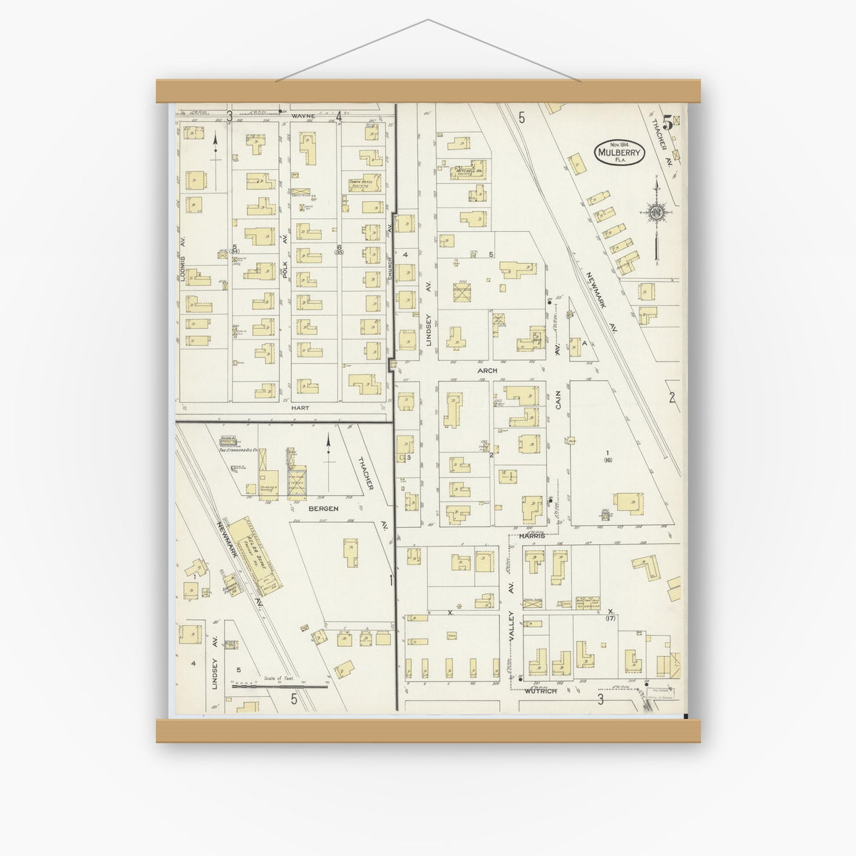 Old map wall art mockup — magnetic wood frame on white wall — Sanborn Fire Insurance Map from Mulberry, Polk County, Florida (1914), Sheet #0005