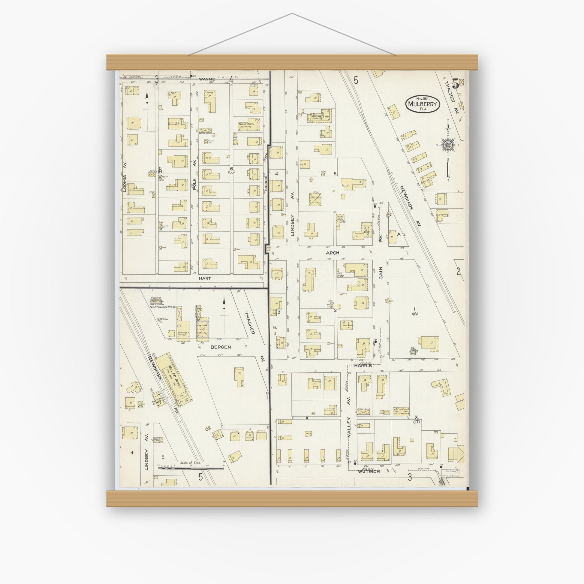 Old map wall art mockup — magnetic wood frame on white wall — Sanborn Fire Insurance Map from Mulberry, Polk County, Florida (1914), Sheet #0005