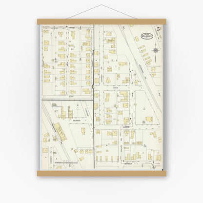 Old map wall art mockup — magnetic wood frame on white wall — Sanborn Fire Insurance Map from Mulberry, Polk County, Florida (1914), Sheet #0005