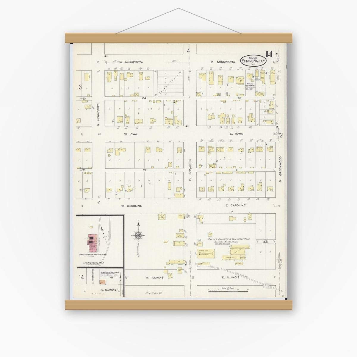 Old map wall art mockup — magnetic wood frame on white wall — Sanborn Fire Insurance Map from Spring Valley, Bureau County, Illinois (1913), Sheet #0014