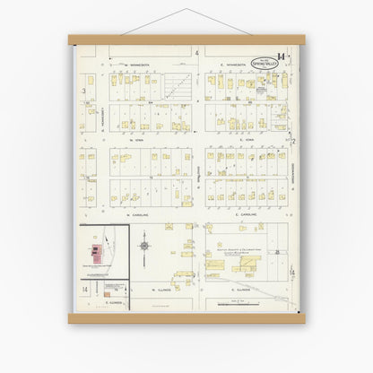 Old map wall art mockup — magnetic wood frame on white wall — Sanborn Fire Insurance Map from Spring Valley, Bureau County, Illinois (1913), Sheet #0014