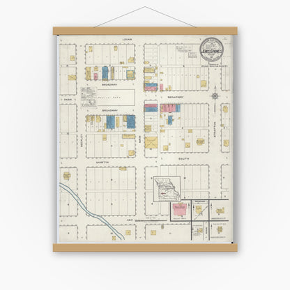 Old map wall art mockup — magnetic wood frame on white wall — Sanborn Fire Insurance Map from Jerico Springs, Cedar County, Missouri (1917), Sheet #0001