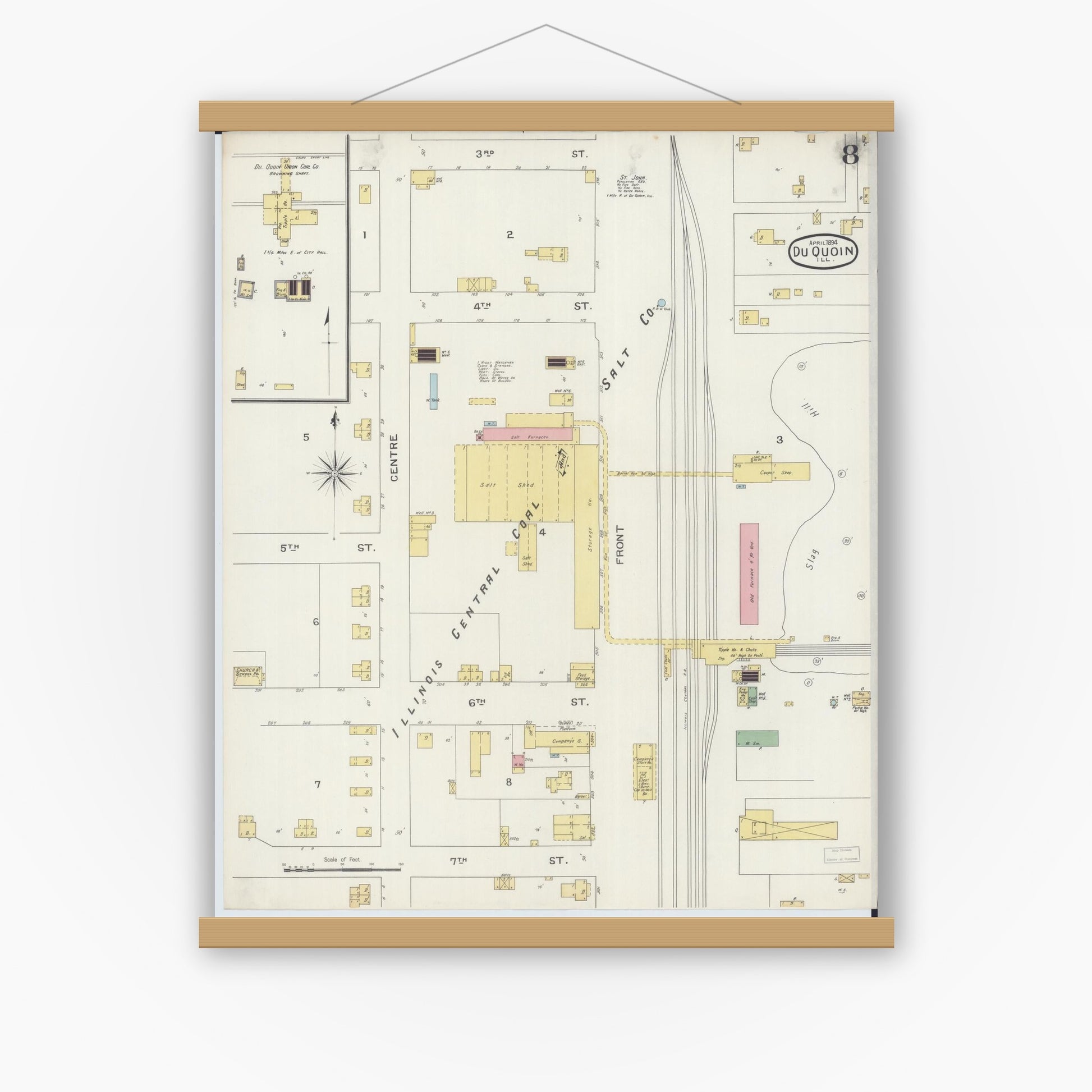 Old map wall art mockup — magnetic wood frame on white wall — Sanborn Fire Insurance Map from Du Quoin, Perry County, Illinois (1894), Sheet #0008