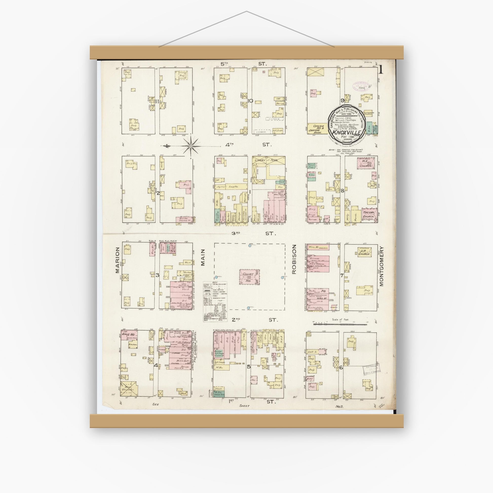 Old map wall art mockup — magnetic wood frame on white wall — Sanborn Fire Insurance Map from Knoxville, Marion County, Iowa (1886) â€” Complete Set