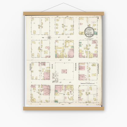 Old map wall art mockup — magnetic wood frame on white wall — Sanborn Fire Insurance Map from Knoxville, Marion County, Iowa (1886) â€” Complete Set