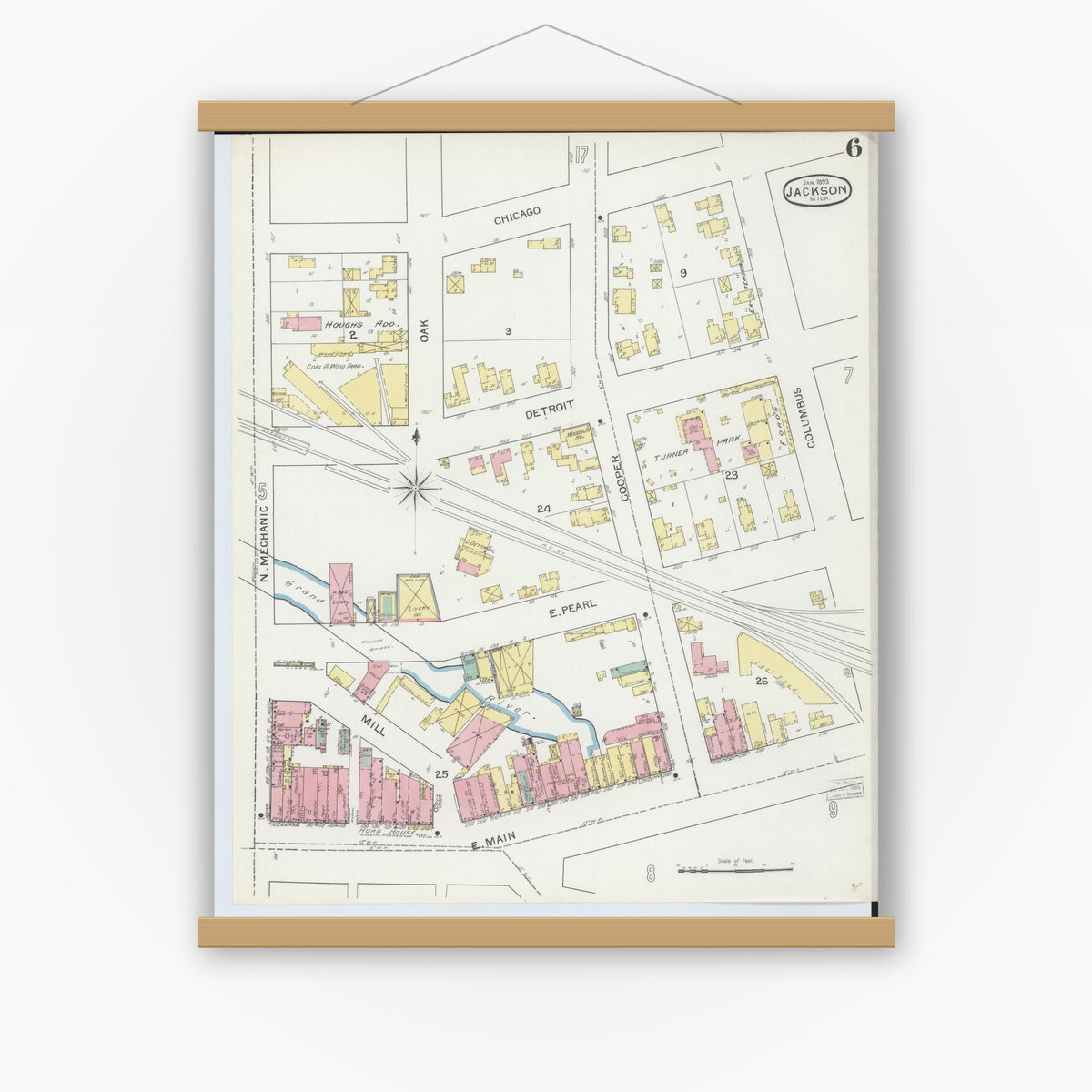Old map wall art mockup — magnetic wood frame on white wall — Sanborn Fire Insurance Map from Jackson, Jackson County, Michigan (1893), Sheet #0006