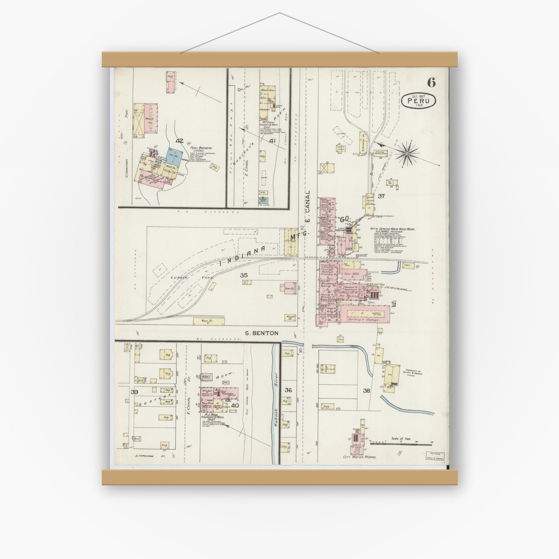 Old map wall art mockup — magnetic wood frame on white wall — Sanborn Fire Insurance Map from Peru, Miami County, Indiana (1887), Sheet #0006