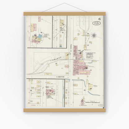 Old map wall art mockup — magnetic wood frame on white wall — Sanborn Fire Insurance Map from Peru, Miami County, Indiana (1887), Sheet #0006