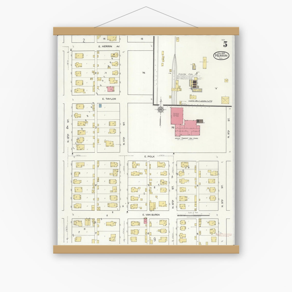 Old map wall art mockup — magnetic wood frame on white wall — Sanborn Fire Insurance Map from Herrin, Williamson County, Illinois (1922), Sheet #0005