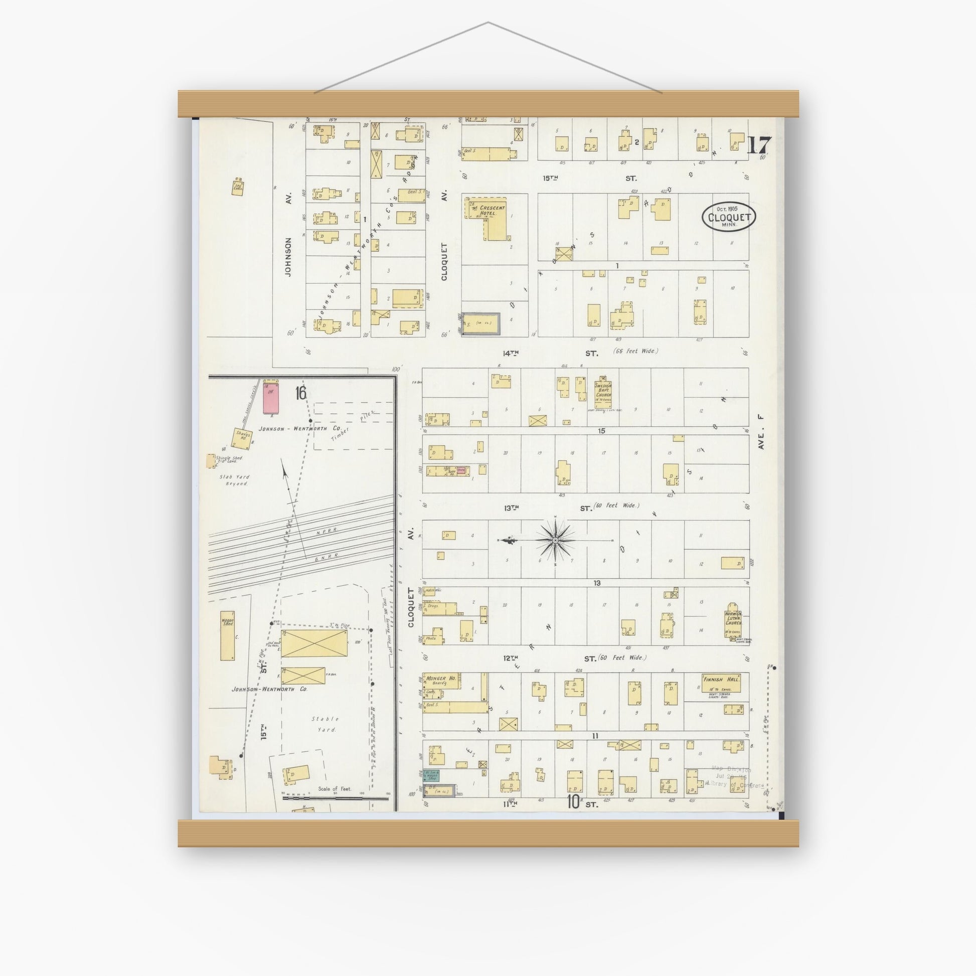 Old map wall art mockup — magnetic wood frame on white wall — Sanborn Fire Insurance Map from Cloquet, Carlton County, Minnesota (1905), Sheet #0017