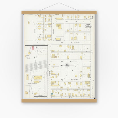 Old map wall art mockup — magnetic wood frame on white wall — Sanborn Fire Insurance Map from Cloquet, Carlton County, Minnesota (1905), Sheet #0017