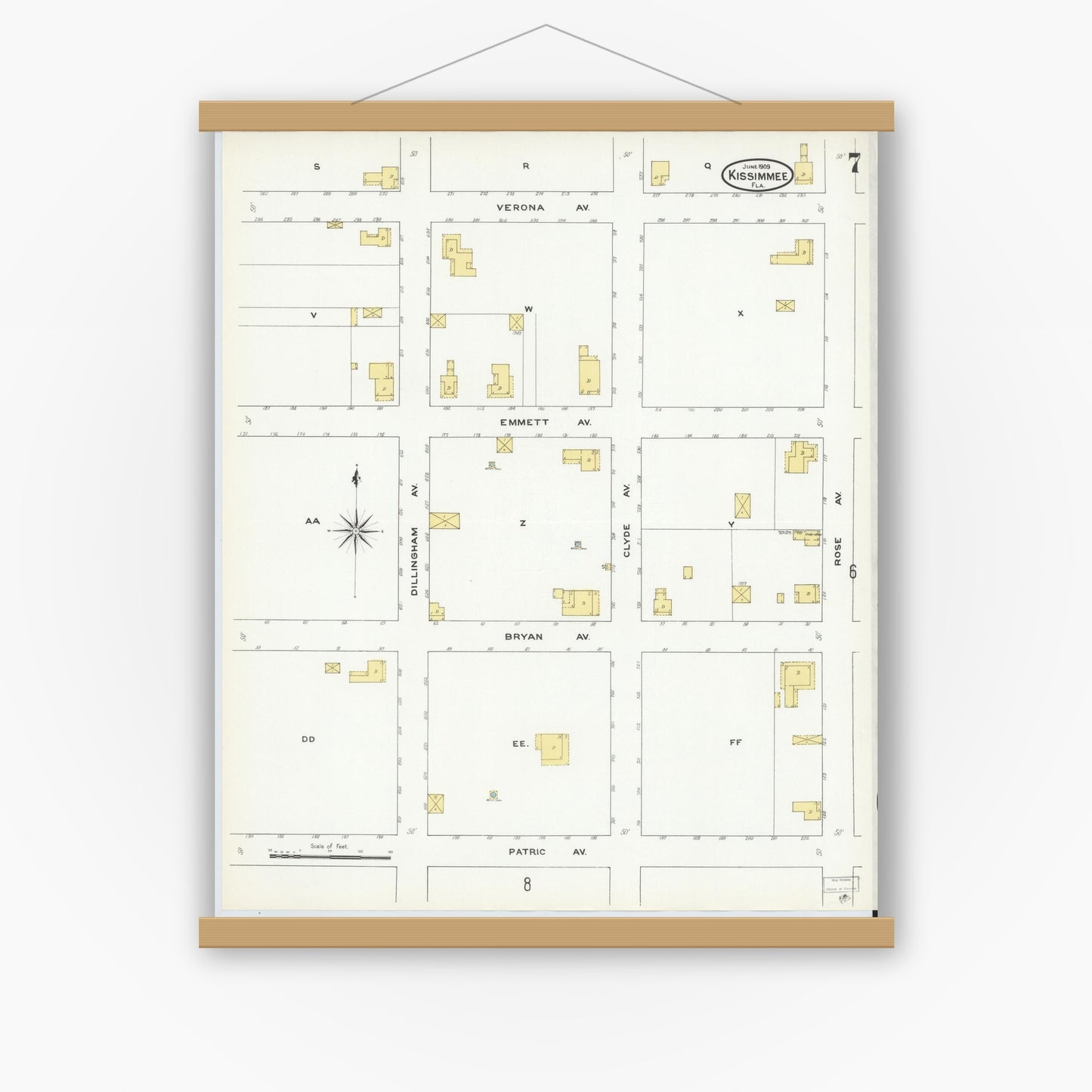 Old map wall art mockup — magnetic wood frame on white wall — Sanborn Fire Insurance Map from Kissimmee, Osceola County, Florida (1909), Sheet #0007