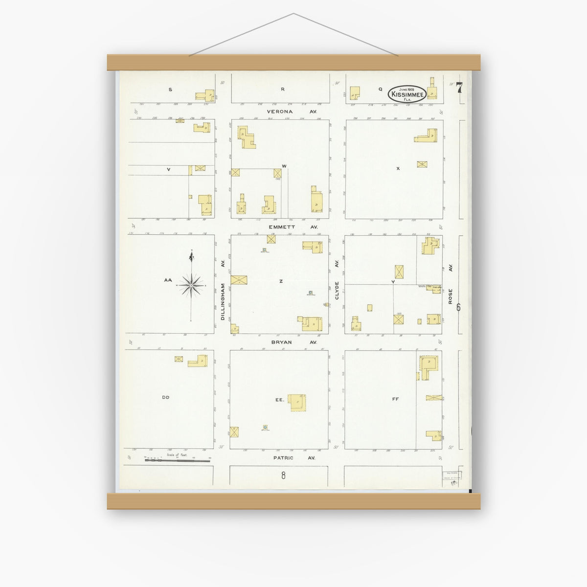 Old map wall art mockup — magnetic wood frame on white wall — Sanborn Fire Insurance Map from Kissimmee, Osceola County, Florida (1909), Sheet #0007