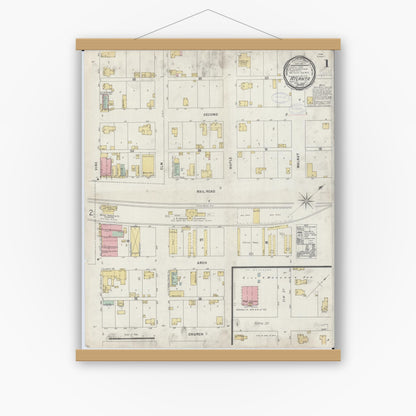 Old map wall art mockup — magnetic wood frame on white wall — Sanborn Fire Insurance Map from Atlanta, Logan County, Illinois (1898), Sheet #0001