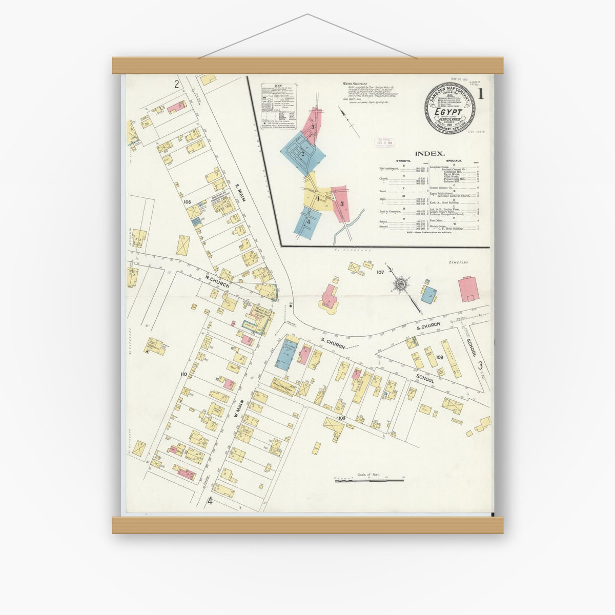 Old map wall art mockup — magnetic wood frame on white wall — Sanborn Fire Insurance Map from Egypt, Lehigh County, Pennsylvania (1911), Sheet #0001