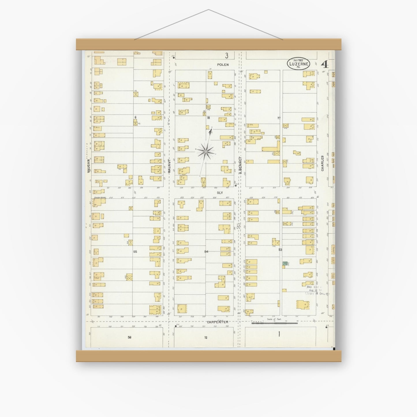 Old map wall art mockup — magnetic wood frame on white wall — Sanborn Fire Insurance Map from Luzerne, Luzerne County, Pennsylvania (1903), Sheet #0004
