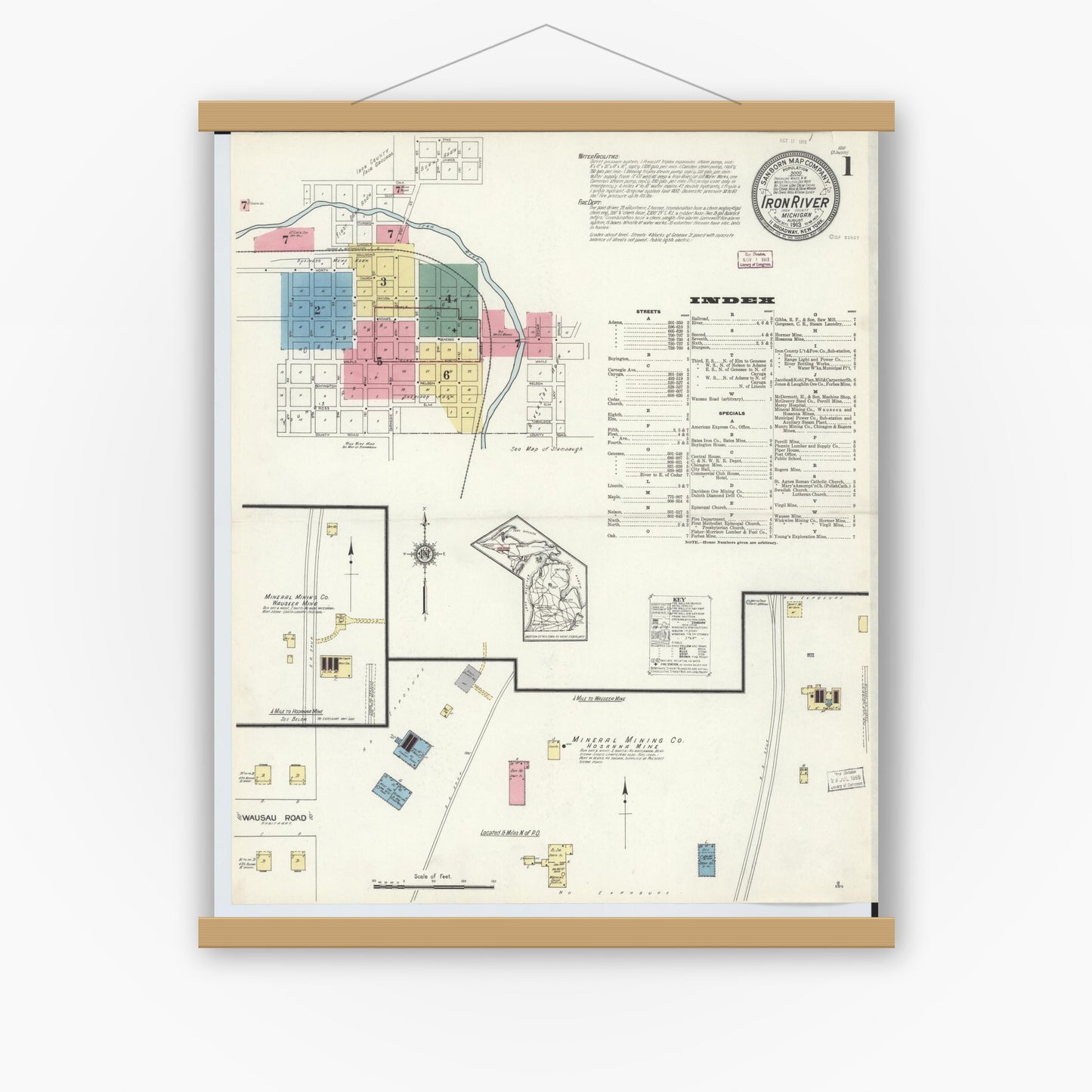 Old map wall art mockup — magnetic wood frame on white wall — Sanborn Fire Insurance Map from Iron River, Iron County, Michigan (1913) - Complete Map Set