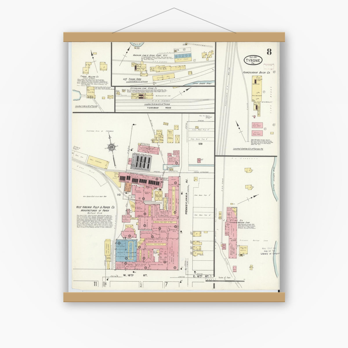 Old map wall art mockup — magnetic wood frame on white wall — Sanborn Fire Insurance Map from Tyrone, Blair County, Pennsylvania (1911), Sheet #0008