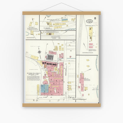 Old map wall art mockup — magnetic wood frame on white wall — Sanborn Fire Insurance Map from Tyrone, Blair County, Pennsylvania (1911), Sheet #0008