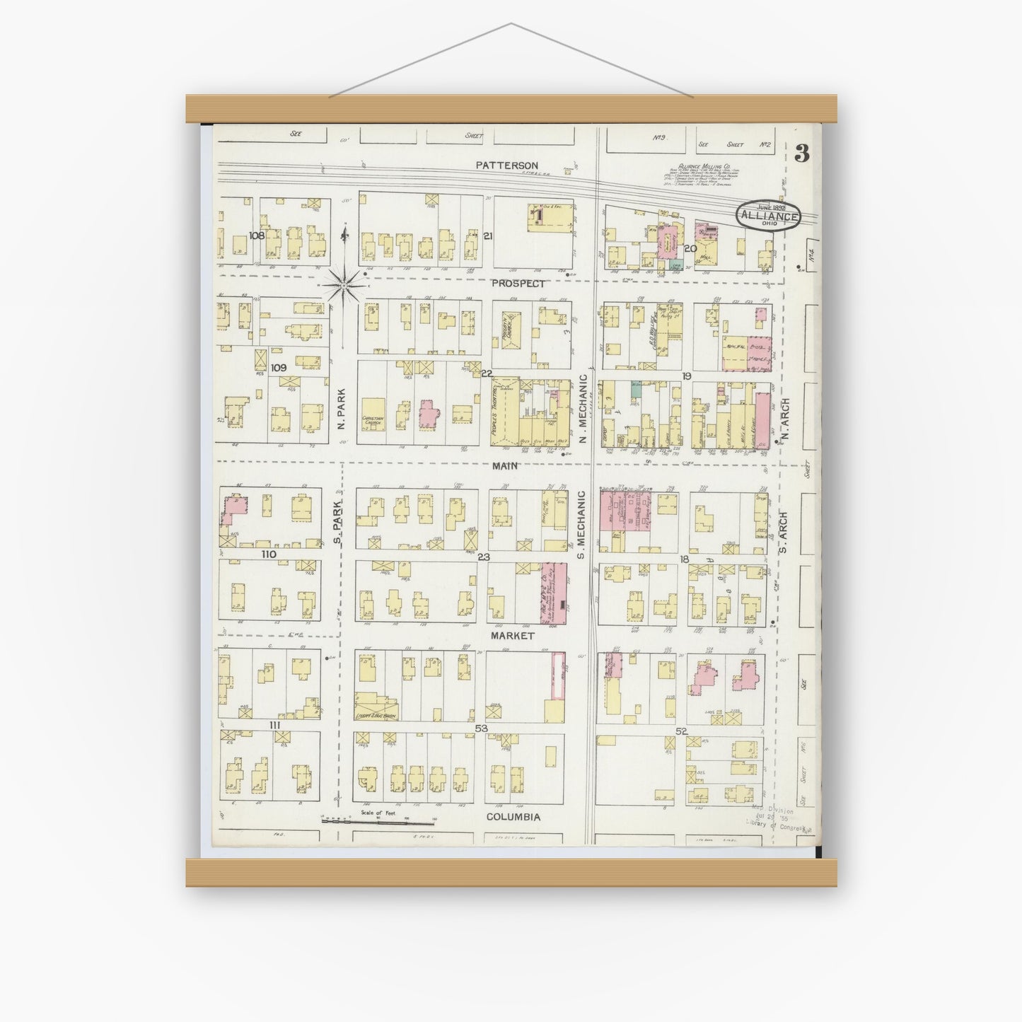 Old map wall art mockup — magnetic wood frame on white wall — Sanborn Fire Insurance Map from Alliance, Stark County, Ohio (1892), Sheet #0003