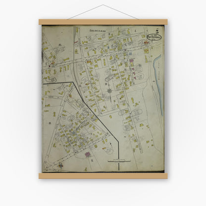 Old map wall art mockup — magnetic wood frame on white wall — Sanborn Fire Insurance Map from East Pepperell, Middlesex County, Massachusetts (1953), Sheet #0005