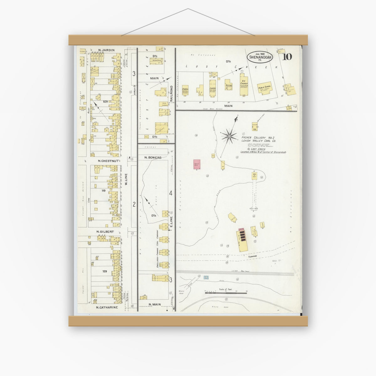 Old map wall art mockup — magnetic wood frame on white wall — Sanborn Fire Insurance Map from Shenandoah, Schuylkill County, Pennsylvania (1908), Sheet #0010
