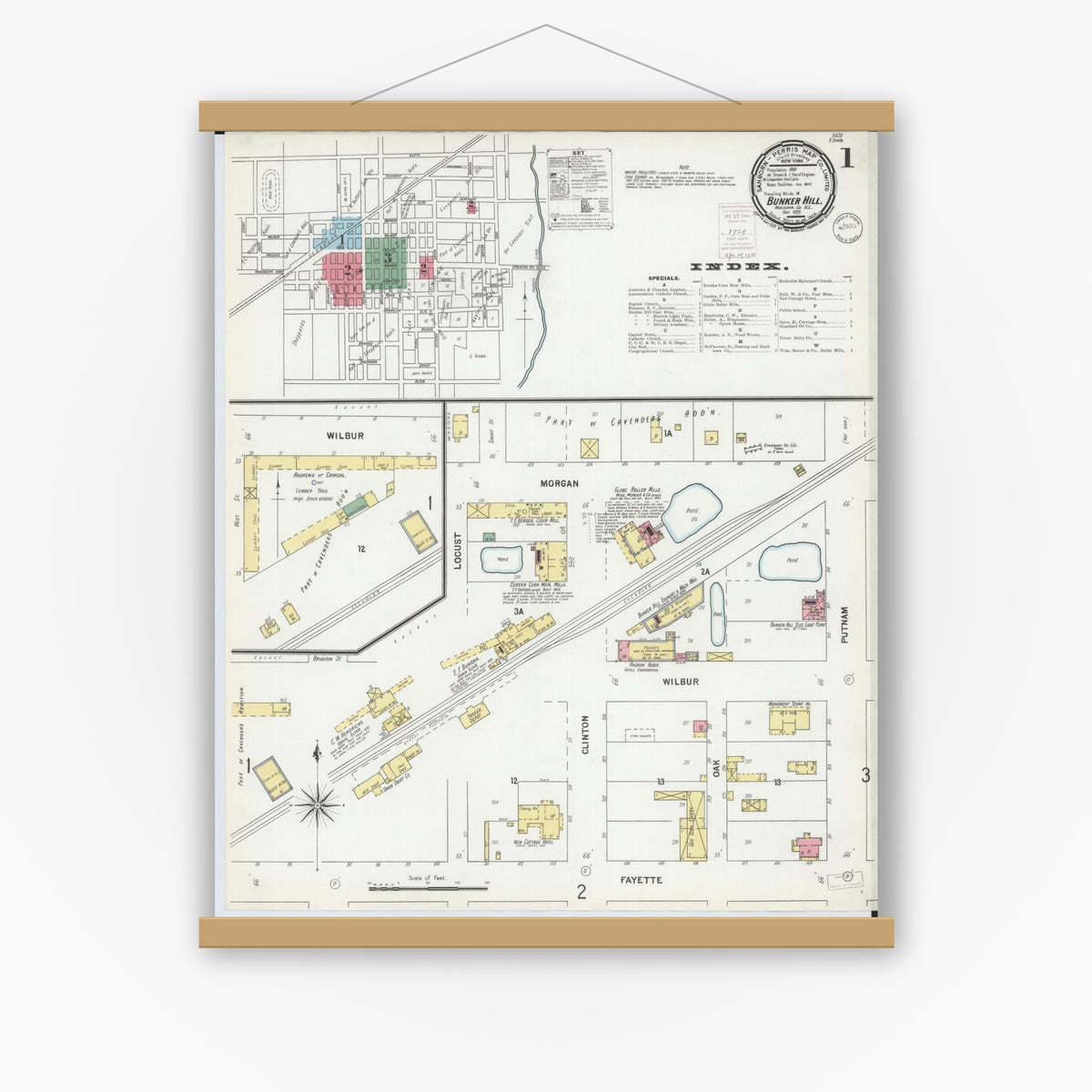 Old map wall art mockup — magnetic wood frame on white wall — Sanborn Fire Insurance Map from Bunker Hill, Macoupin County, Illinois (1899), Sheet #0001