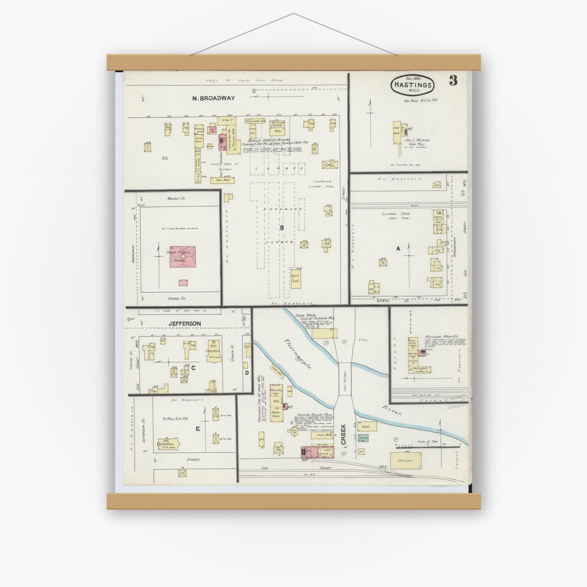 Old map wall art mockup — magnetic wood frame on white wall — Sanborn Fire Insurance Map from Hastings, Barry County, Michigan (1891), Sheet #0003