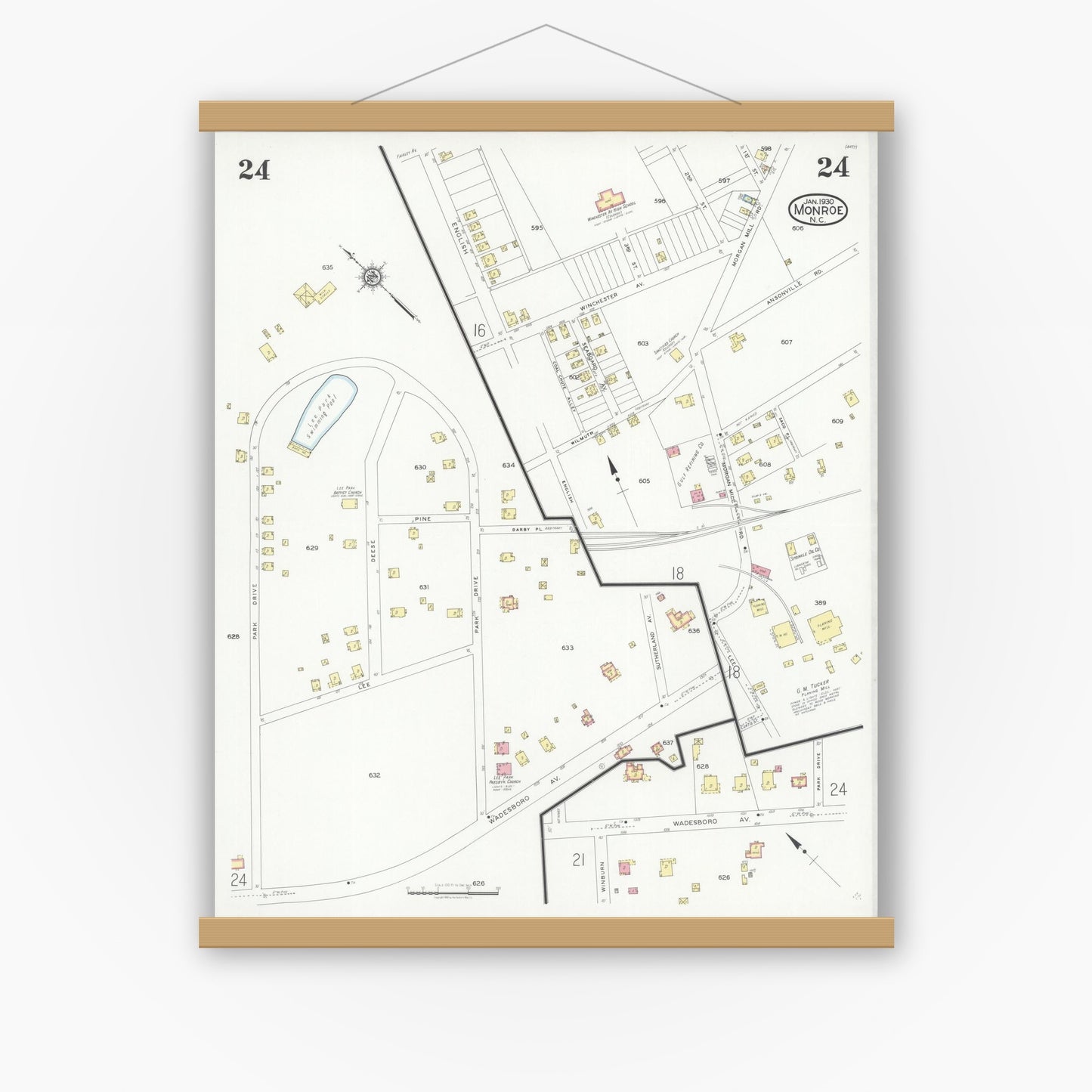Old map wall art mockup — magnetic wood frame on white wall — Sanborn Fire Insurance Map from Monroe, Union County, North Carolina (1930), Sheet #0024