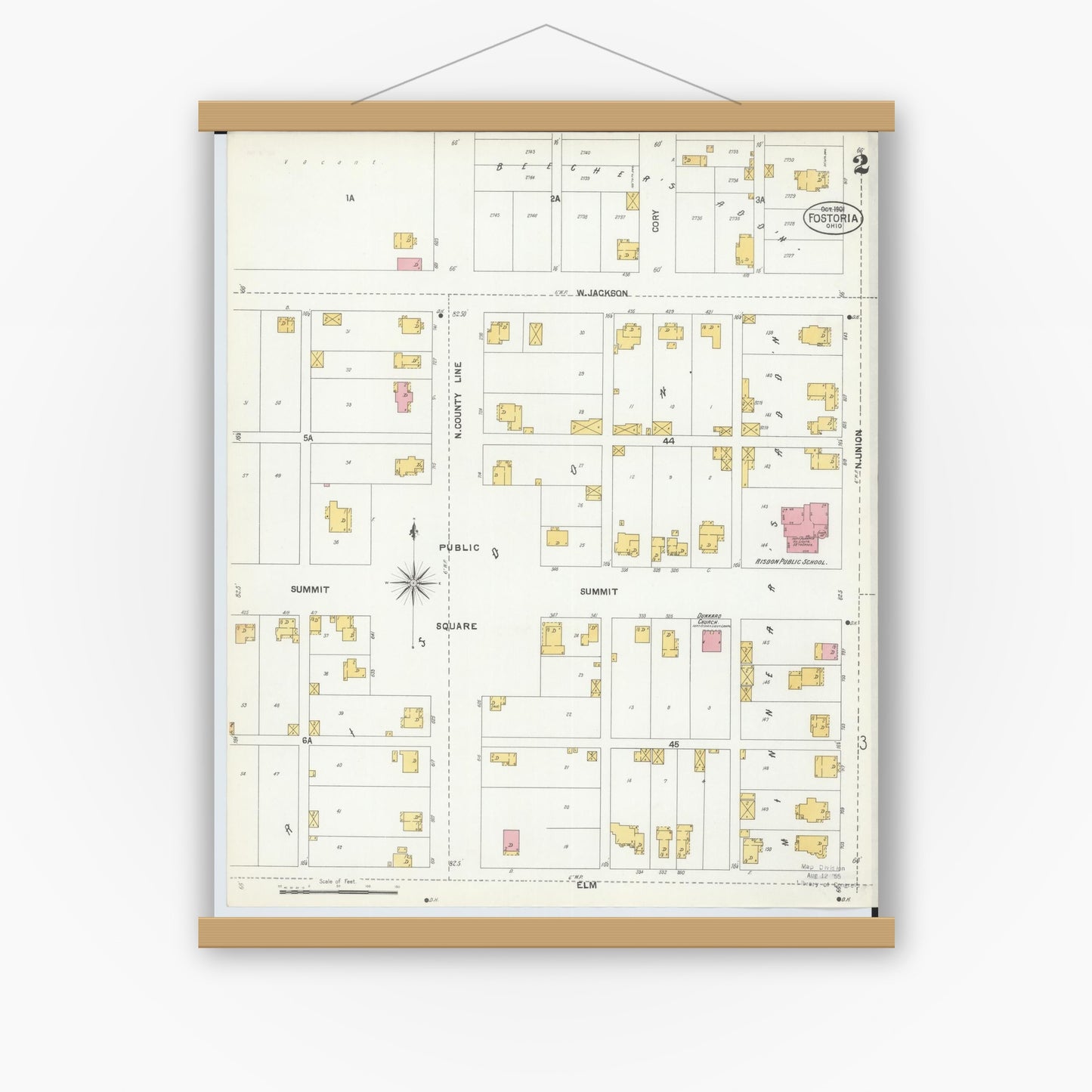 Old map wall art mockup — magnetic wood frame on white wall — Sanborn Fire Insurance Map from Fostoria, Seneca, Hancock, And Wood Counties, Ohio (1901), Sheet #0002