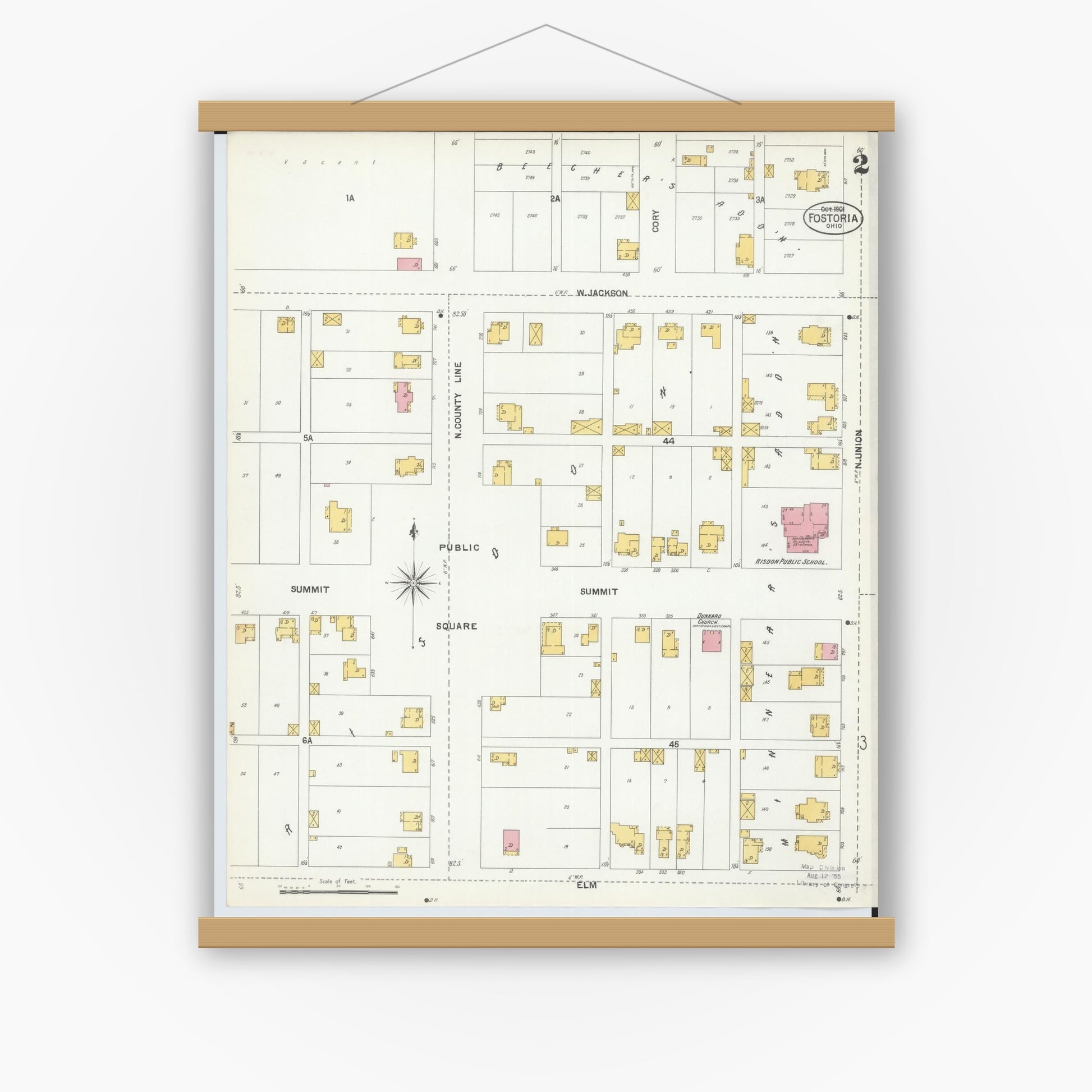 Old map wall art mockup — magnetic wood frame on white wall — Sanborn Fire Insurance Map from Fostoria, Seneca, Hancock, And Wood Counties, Ohio (1901), Sheet #0002
