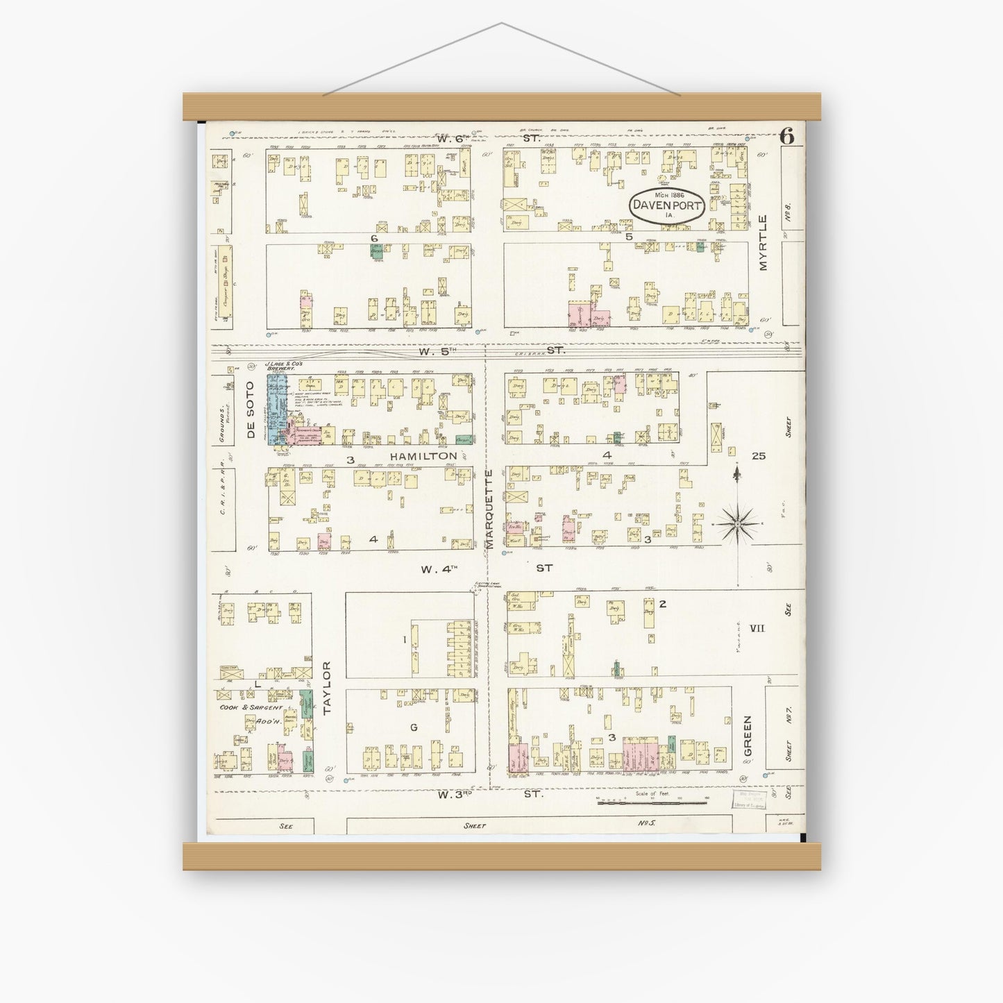 Old map wall art mockup — magnetic wood frame on white wall — Sanborn Fire Insurance Map from Davenport, Scott County, Iowa (1886), Sheet #0006