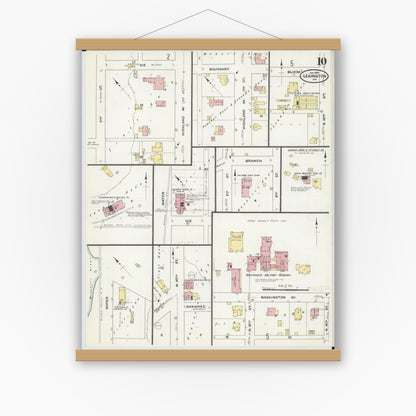 Old map wall art mockup — magnetic wood frame on white wall — Sanborn Fire Insurance Map from Lexington, Lafayette County, Missouri (1910), Sheet #0010