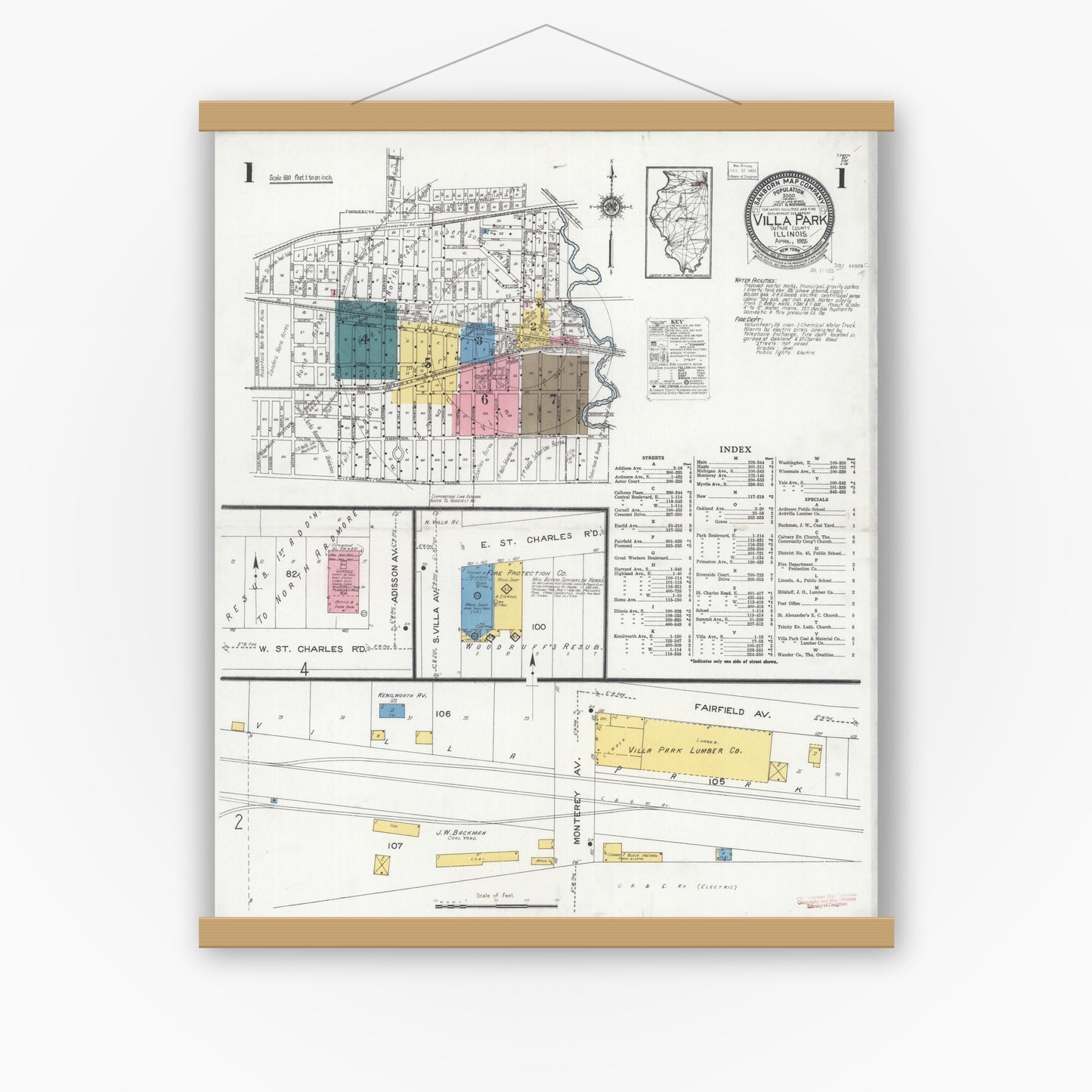 Old map wall art mockup — magnetic wood frame on white wall — Sanborn Fire Insurance Map from Villa Park, Du Page County, Illinois (1925) - Complete Map Set